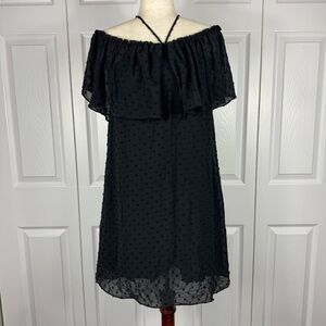 DO+BE Women's Black Off-Shoulder Midi Dress Lined Ruffles Textured Dots Small